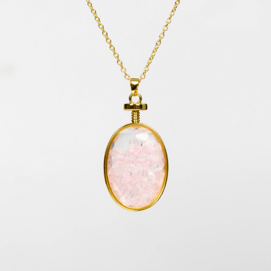 Crystal Chips In Oval Glass Pendant Necklace